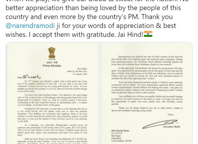 PM Narendra Modi writes to Suresh Raina, says ‘You are too young to retire, generations will remember you’