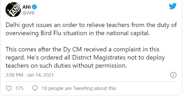 Delhi govt issues order to relieve teachers from duty of overviewing bird flu situation in national capital
